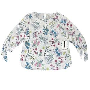 Nine West Whits Pink Blue Floral 3/4 Sleeve Shirt Large Ladies NWT Ruffle Tie